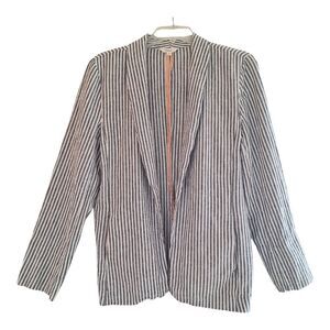 Takara Linen Blazer Striped Open Front Pockets Shawl Collar Office Career Large